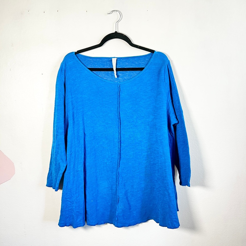 North Star Base Top Womens Large Blue Double‎ Cotton Knit Lagenlook Artsy